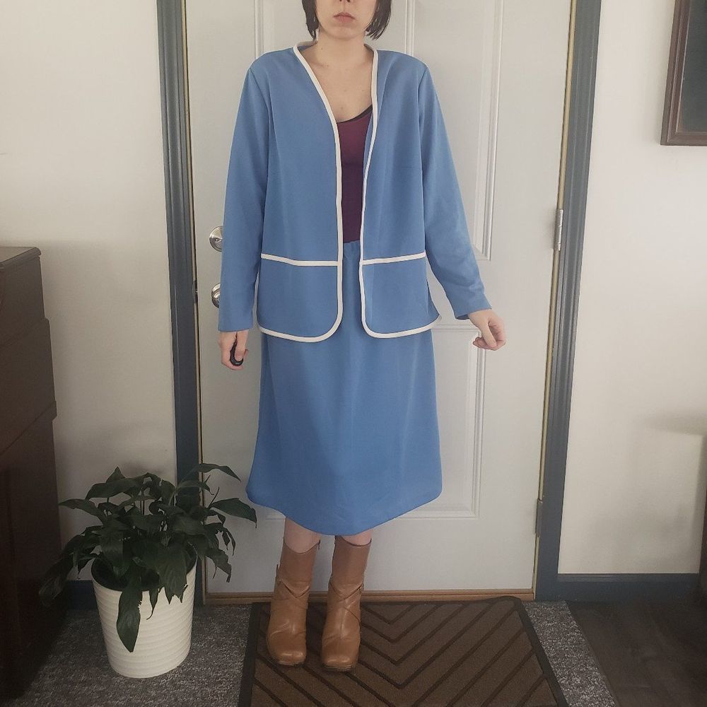 Vintage Blue Skirt Set with White Trim